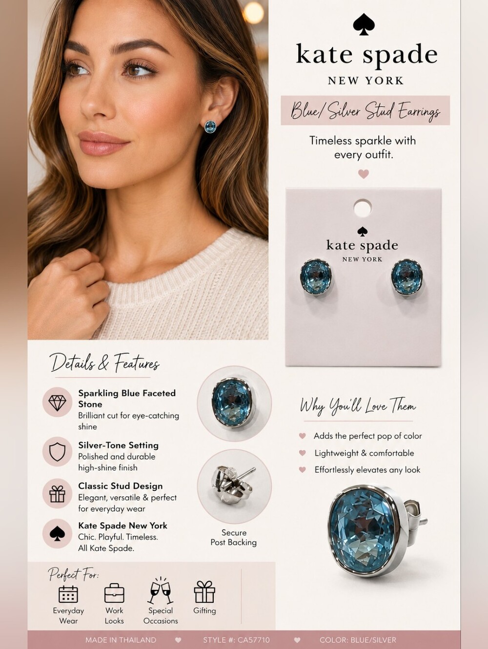 Kate Spade Blue Faceted Stone Silver-Tone Stud Earrings